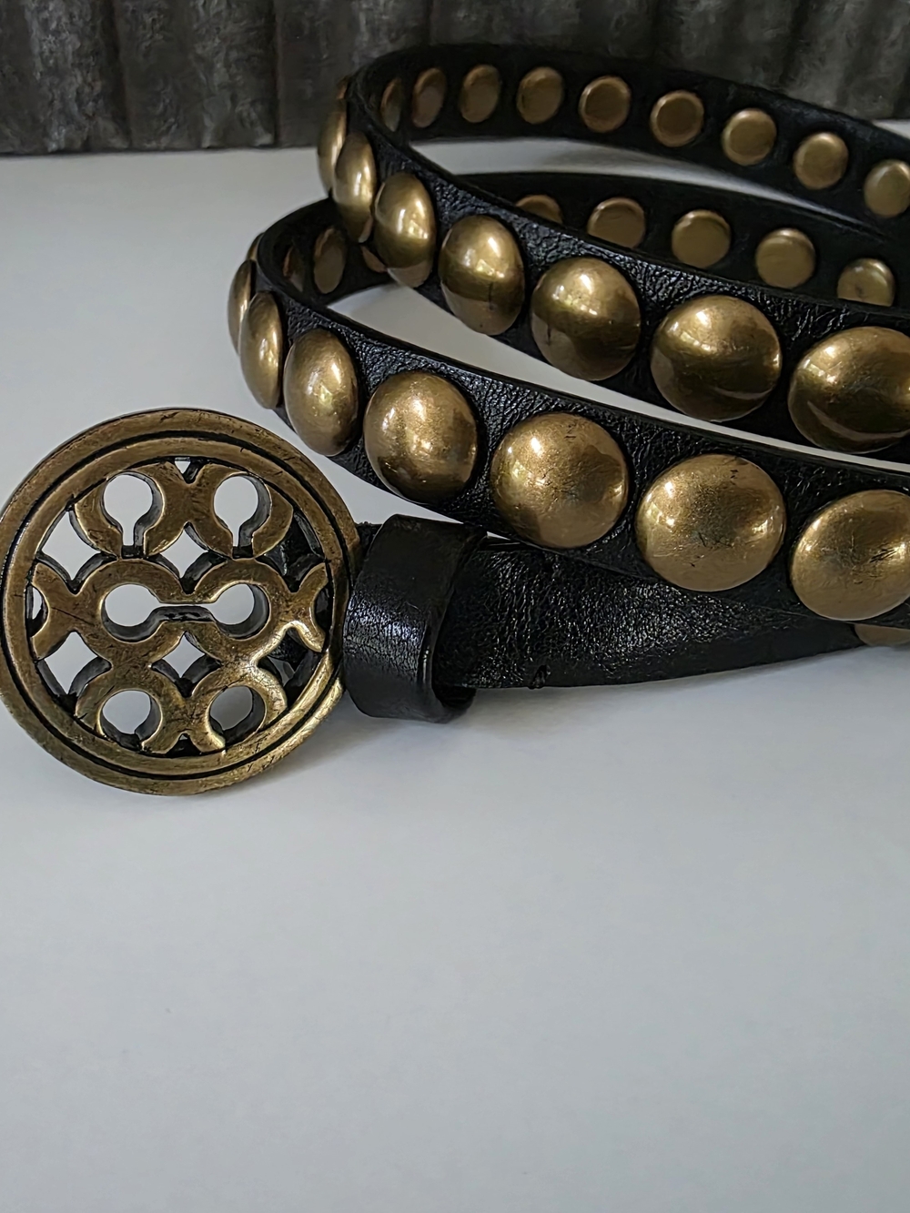 Coach Studded Leather Skinny Belt Black Brass Logo Buckle Medium